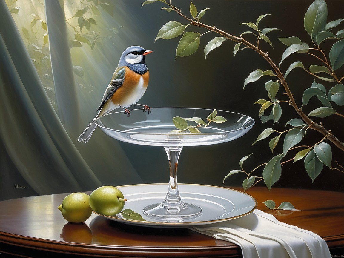 Colorful Bird on Glass Cake Stand with Lemons and Greenery