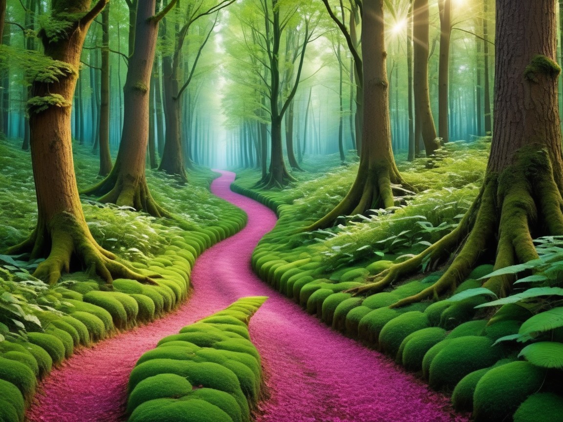 Serene forest scene with vibrant trees and path