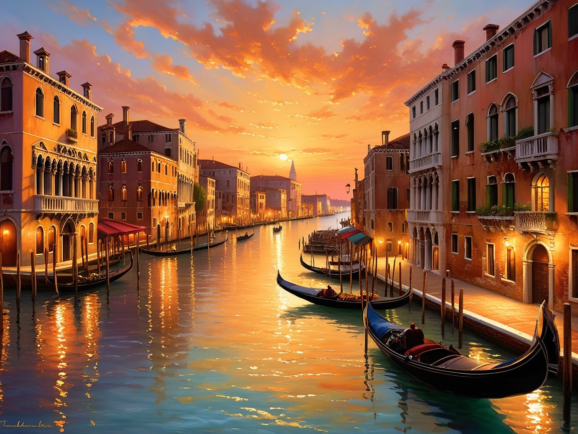 Venetian Canal at Sunset with Gondolas and Architecture