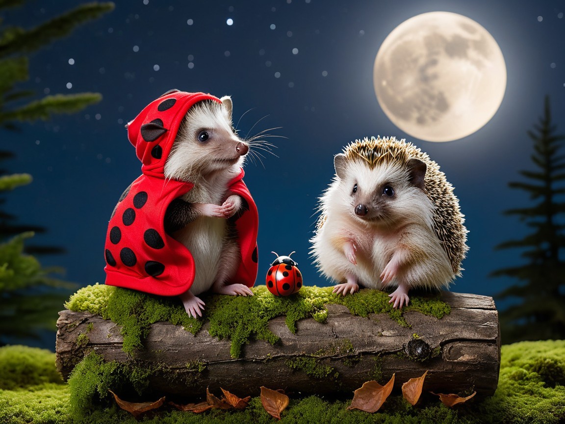 Hedgehogs in Costumes Under a Full Moon Scene