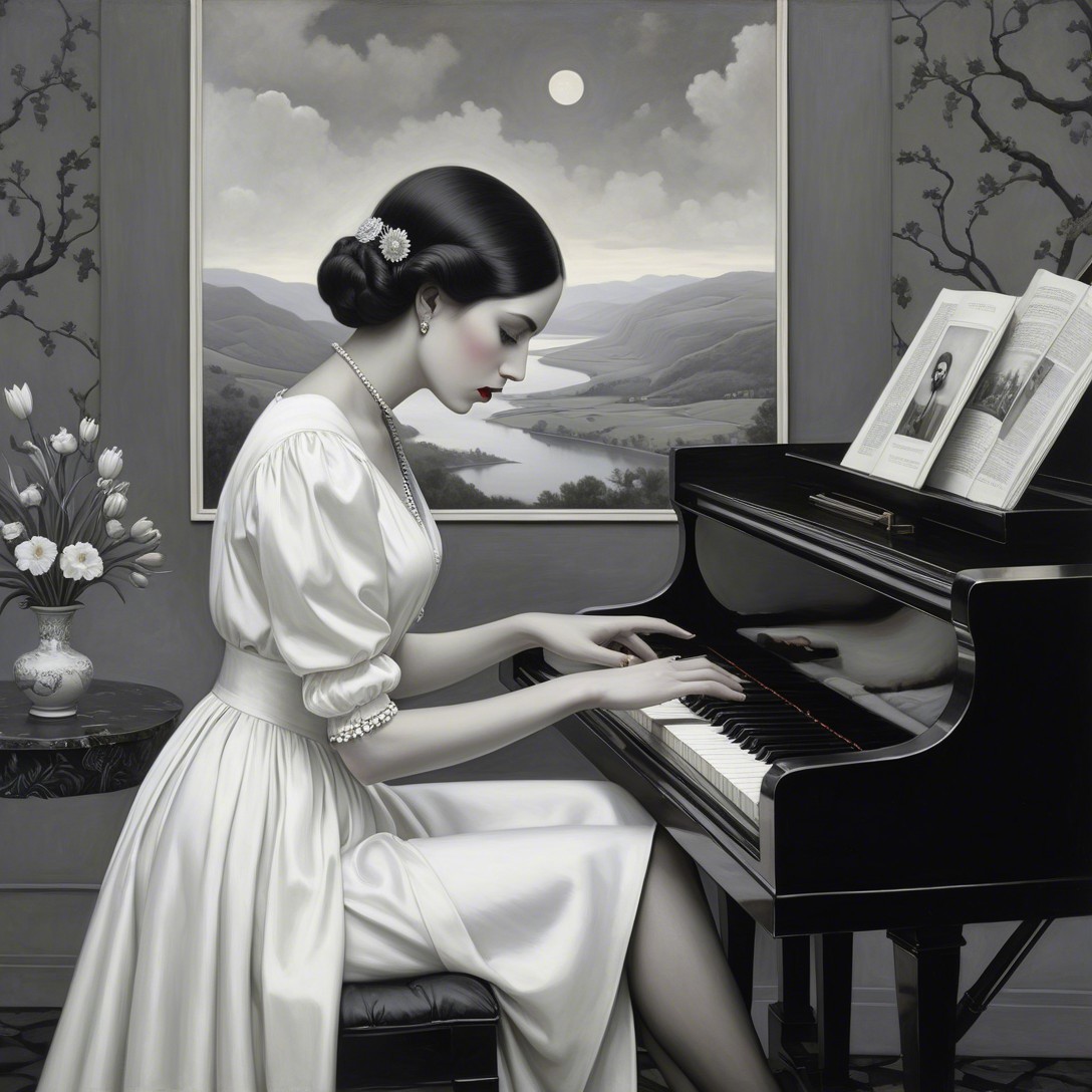 Monochrome Portrait of a Woman at a Grand Piano