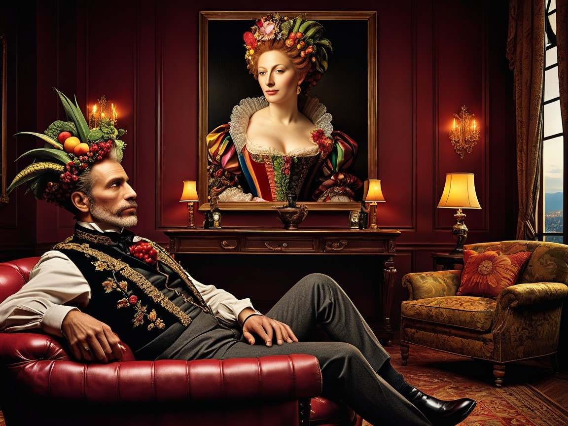 Older Man with Fruit Headpiece on Red Couch