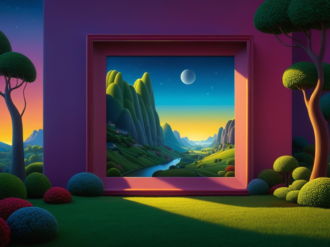Colorful Dreamlike Landscape with Fuchsia Frame
