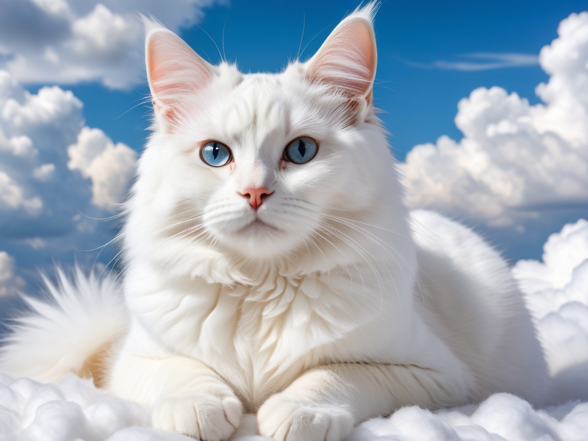Fluffy White Cat on Cloudy Sky Background