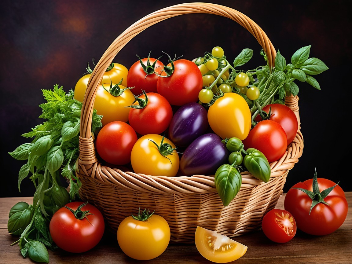 Woven Basket Filled with Colorful Assorted Tomatoes