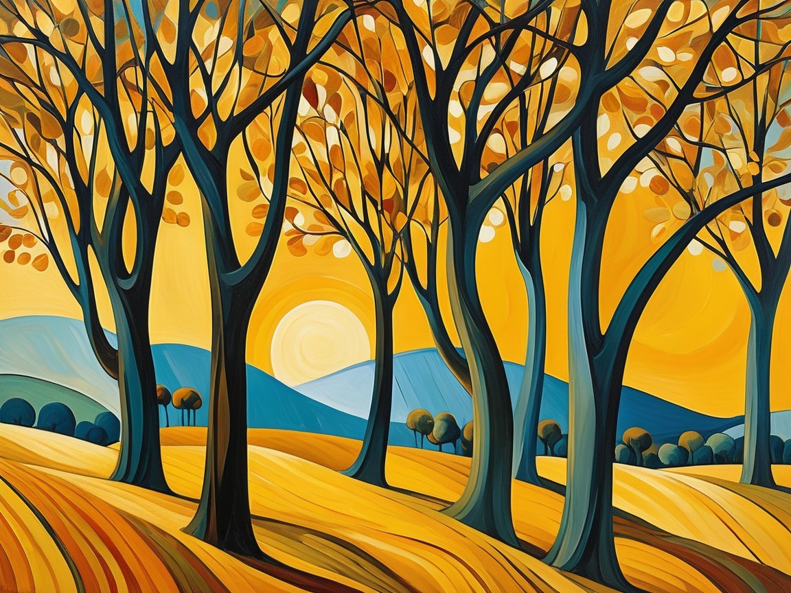 Abstract Autumn Landscape with Trees and Sun