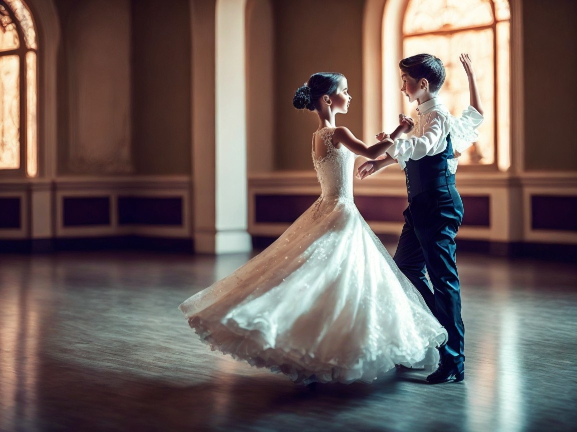 Young dancers in elegant attire on polished wooden floor