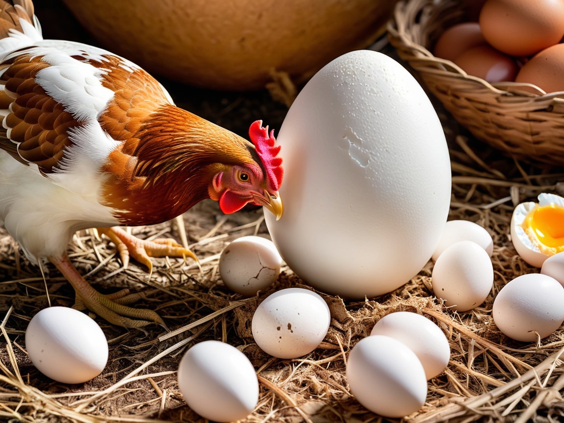 Brown and white hen with large white egg in straw