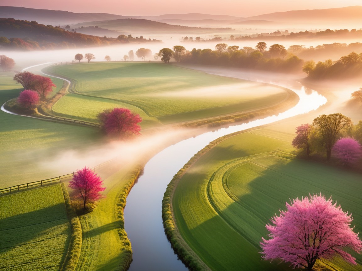 Serene Dawn Landscape with Winding River and Blooming Trees