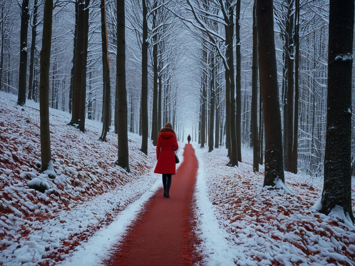 Lone Figure in Red Coat on Snowy Forest Path