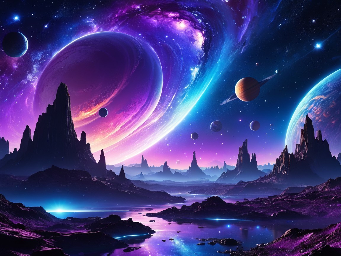 Cosmic Landscape with Vibrant Galaxies and Planets