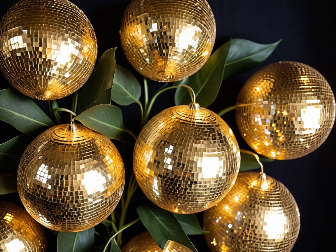 Gold Disco Balls Surrounded by Green Leaves Decor