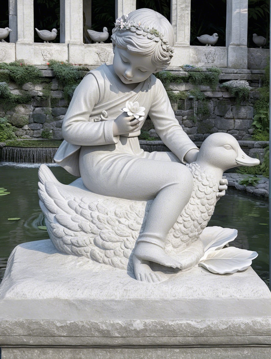 Serene Child Sculpture on Duck with Flower Detail