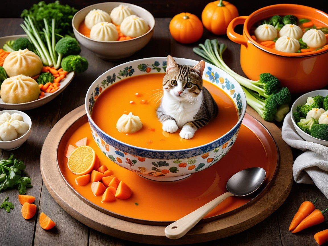 Cat in Bowl of Orange Soup Surrounded by Vegetables