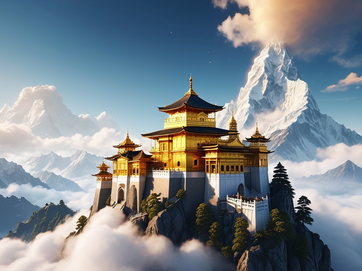 Golden Palace on Rocky Peak Surrounded by Mountains