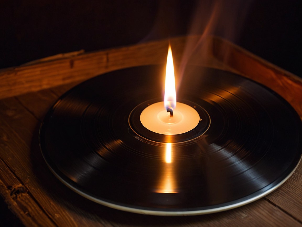 Vinyl Record and Candle on Wooden Surface Scene