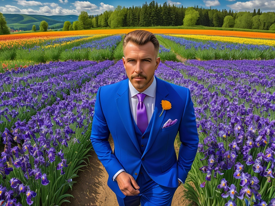 Man in Blue Suit Among Colorful Flower Field