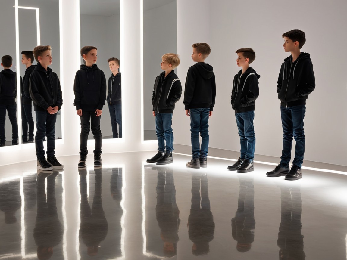 Boys in Black Hoodies in Modern Room with Reflective Floor