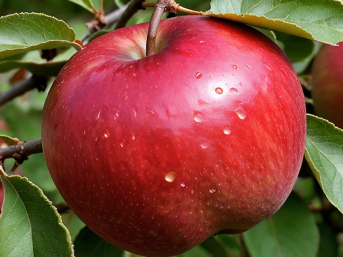 Close-Up of a Ripe Red Apple on a Branch