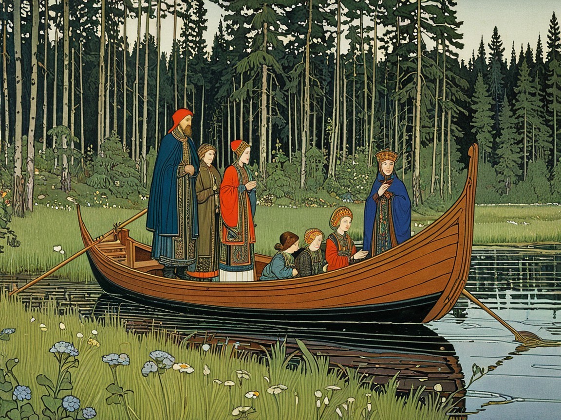 Traditional Wooden Boat on a Serene Lake Scene