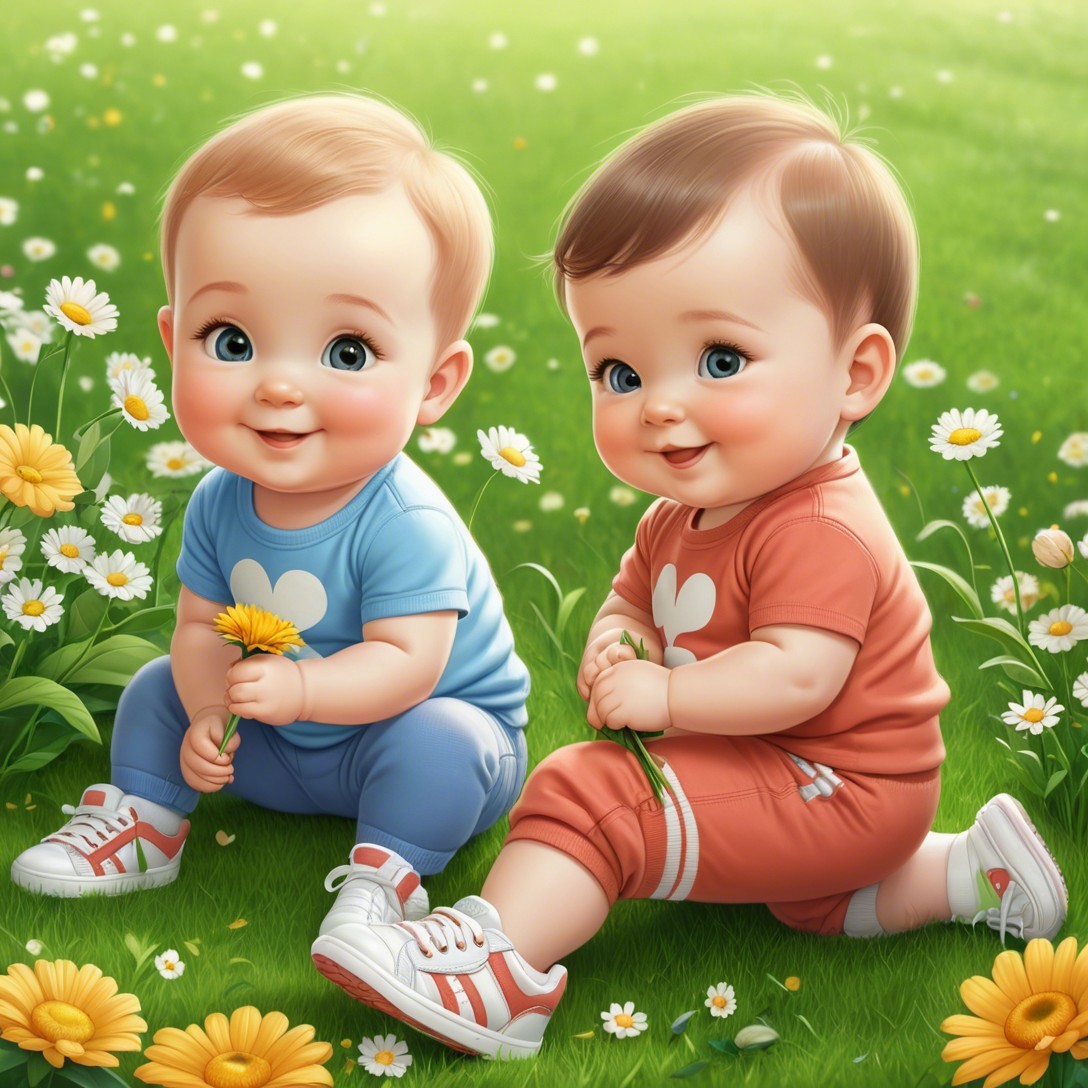 Chibi Babies in a Green Field with Daisies