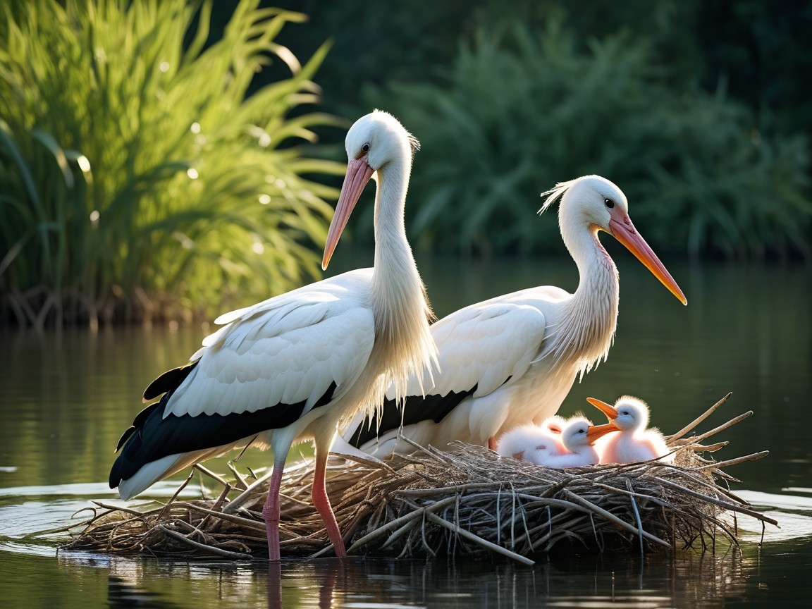 White Storks Nesting with Chicks by Calm Waterside