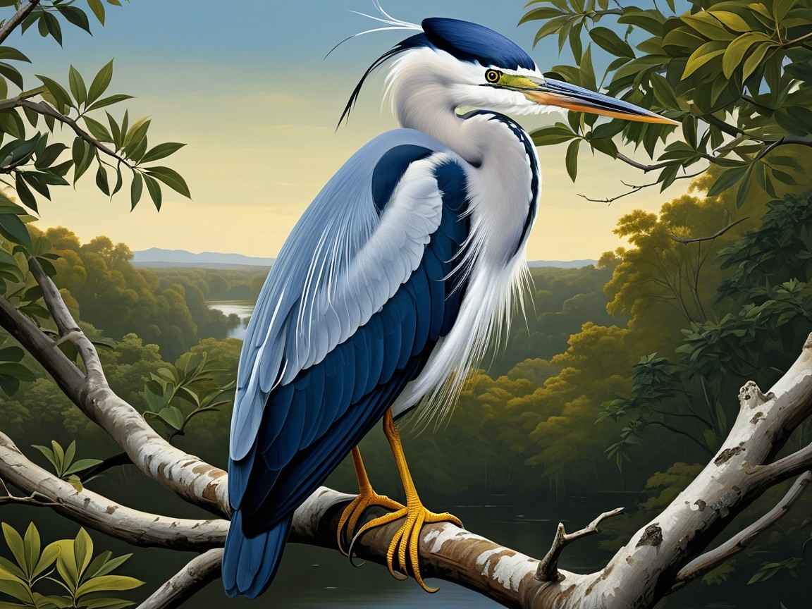 Blue Heron on Tree Branch in Lush Landscape Scene