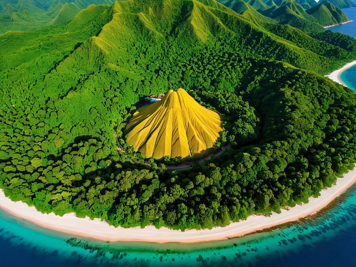 Aerial View of Cone-Shaped Mountain and Beach景