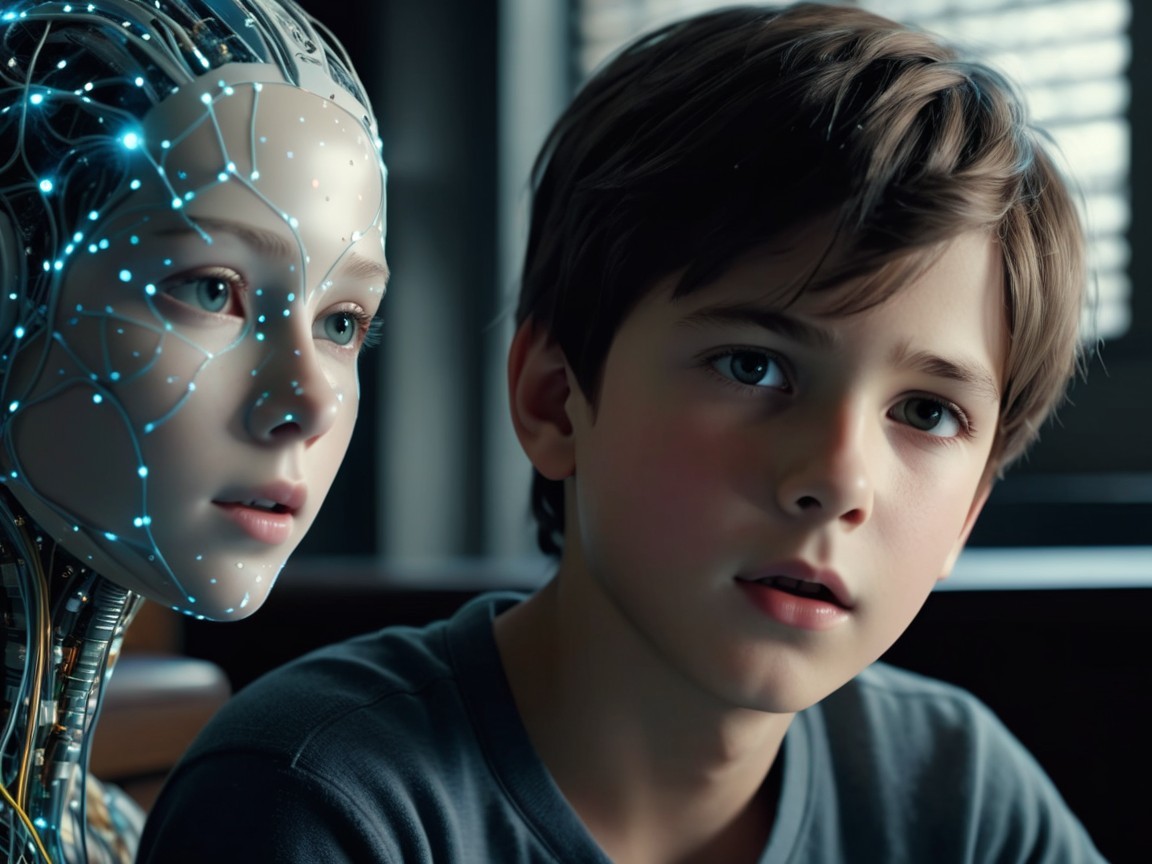 Close-Up of Boy and Humanoid Robot in Still Life