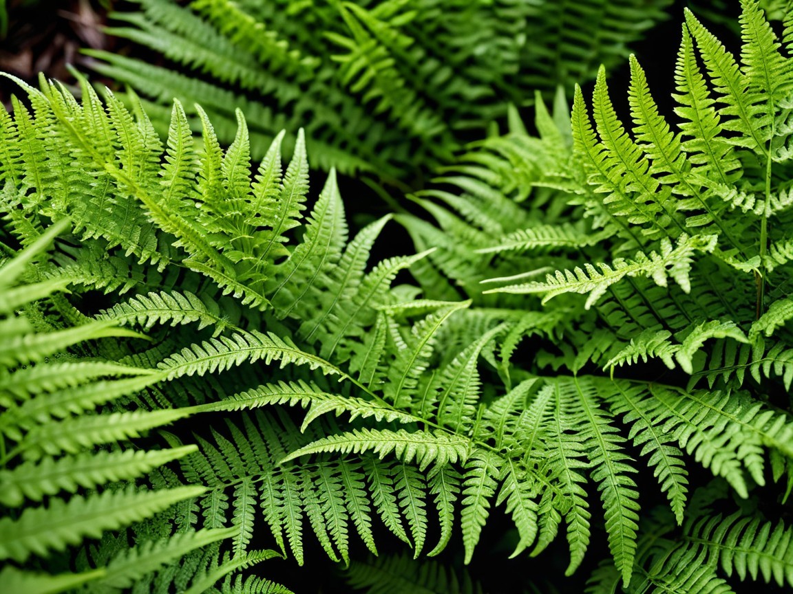 Close-up of vibrant green fern fronds with details