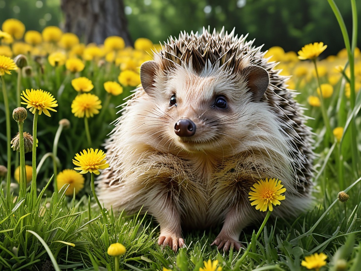 Hedgehog in a Vibrant Dandelion Field Scene