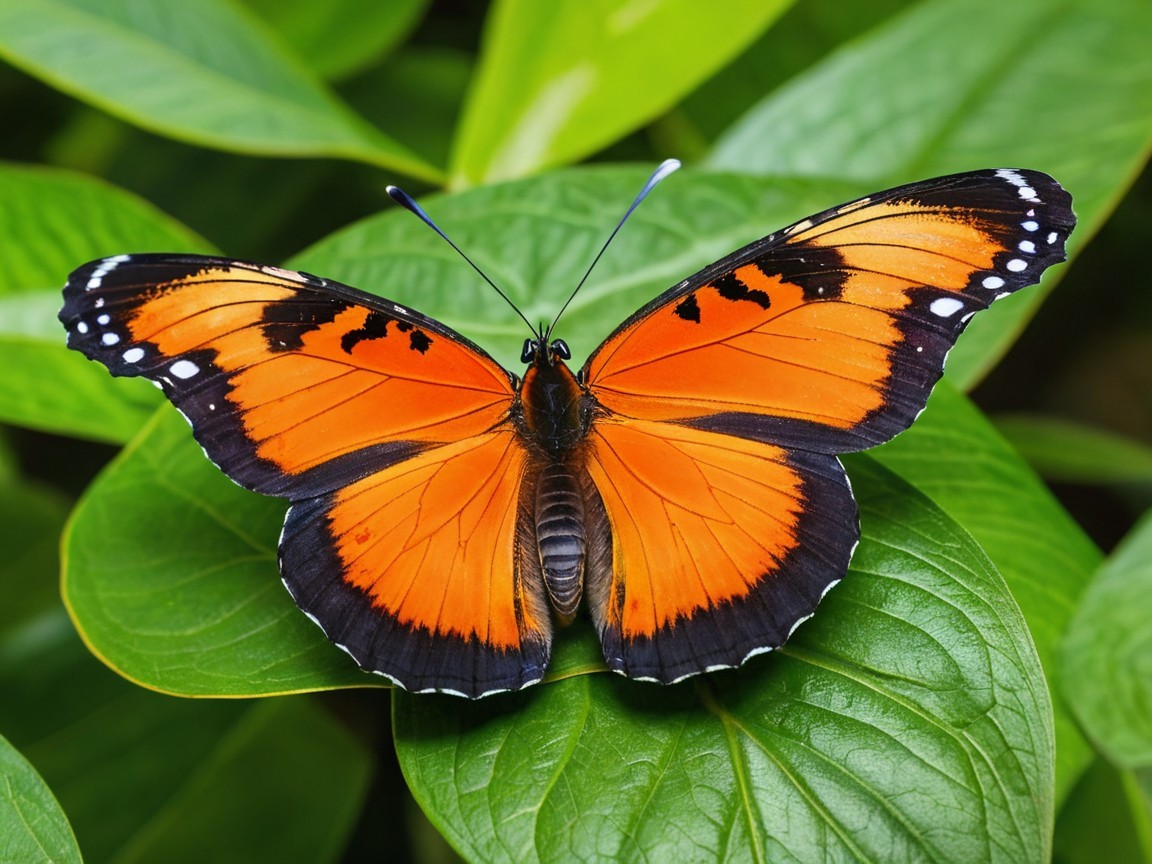 Butterfly on Green Leaf with Orange and Black Wings