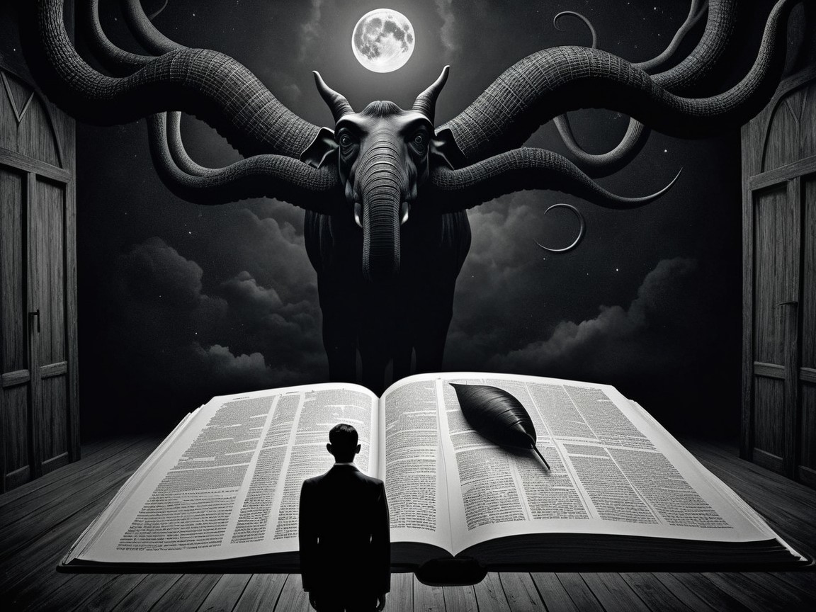 Surreal Scene with Figure, Elephant, and Open Book