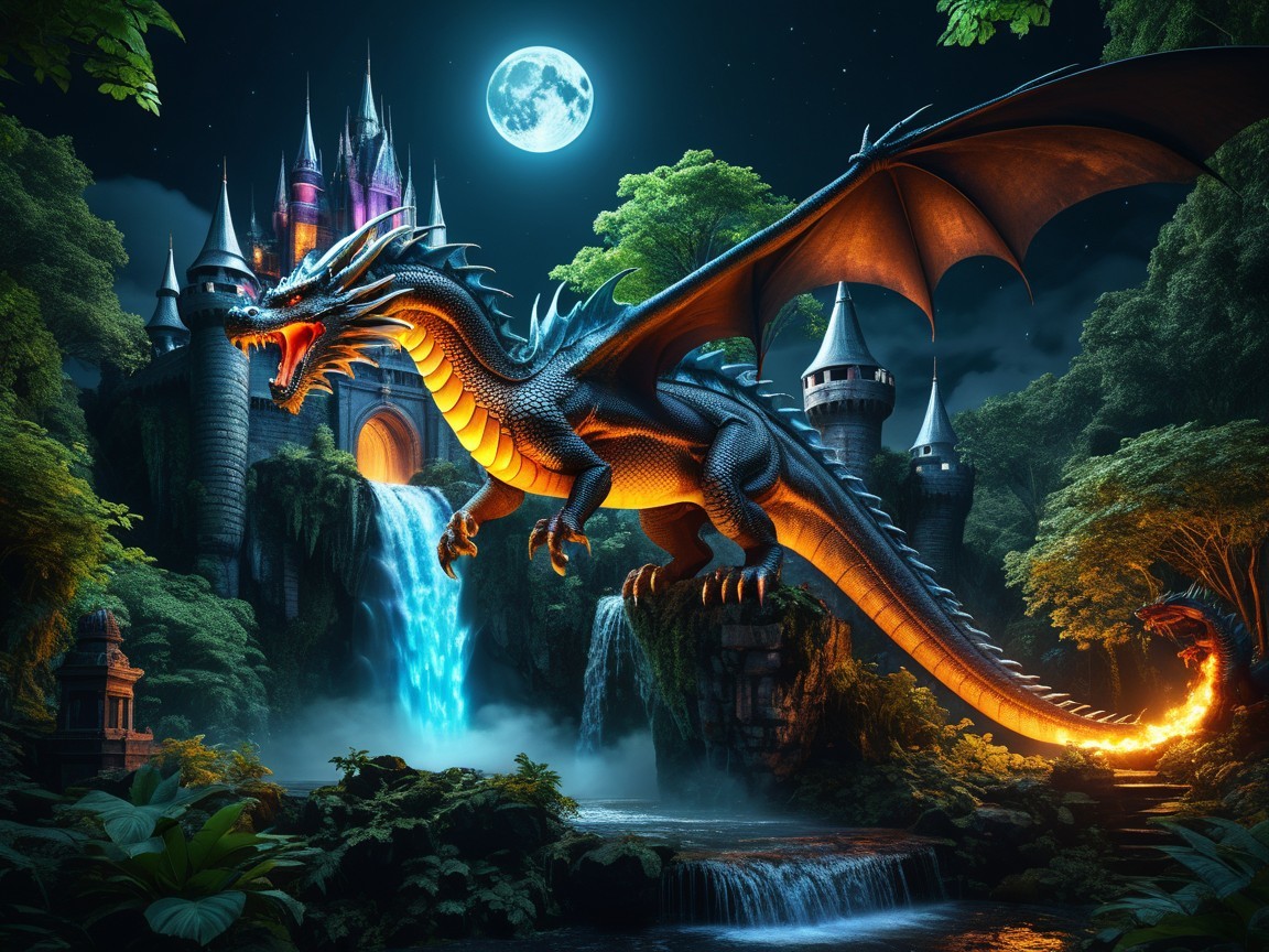 Majestic dragon over a mystical landscape with castle