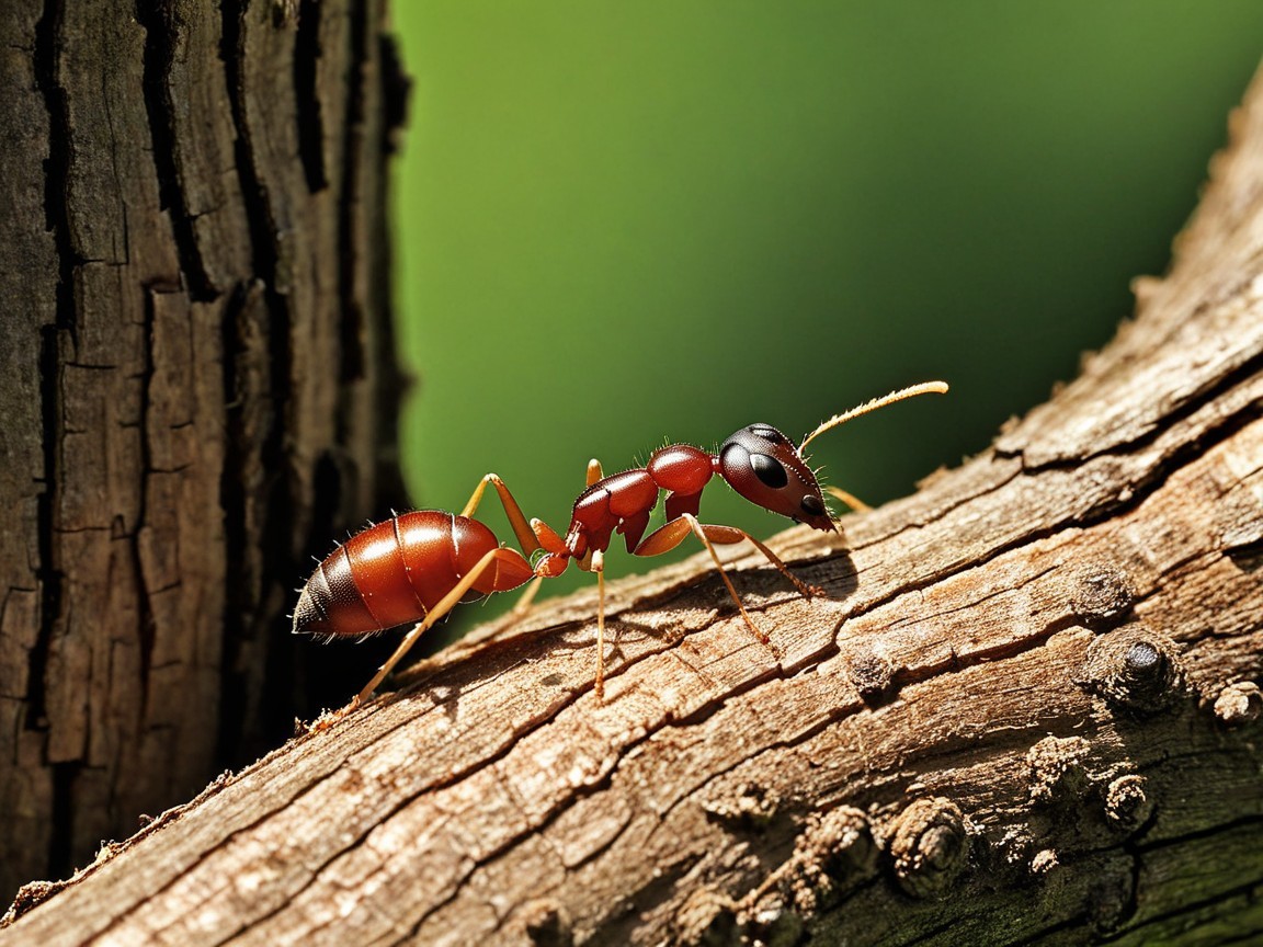 Close-Up of an Ant on a Wooden Branch