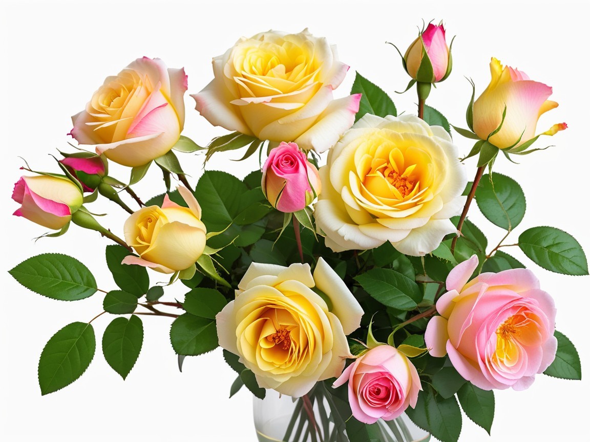 Yellow and Pink Rose Bouquet with Green Leaves