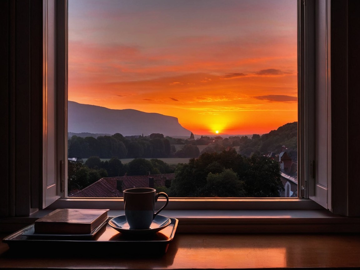 Sunset View from Window with Book and Mug on Sill