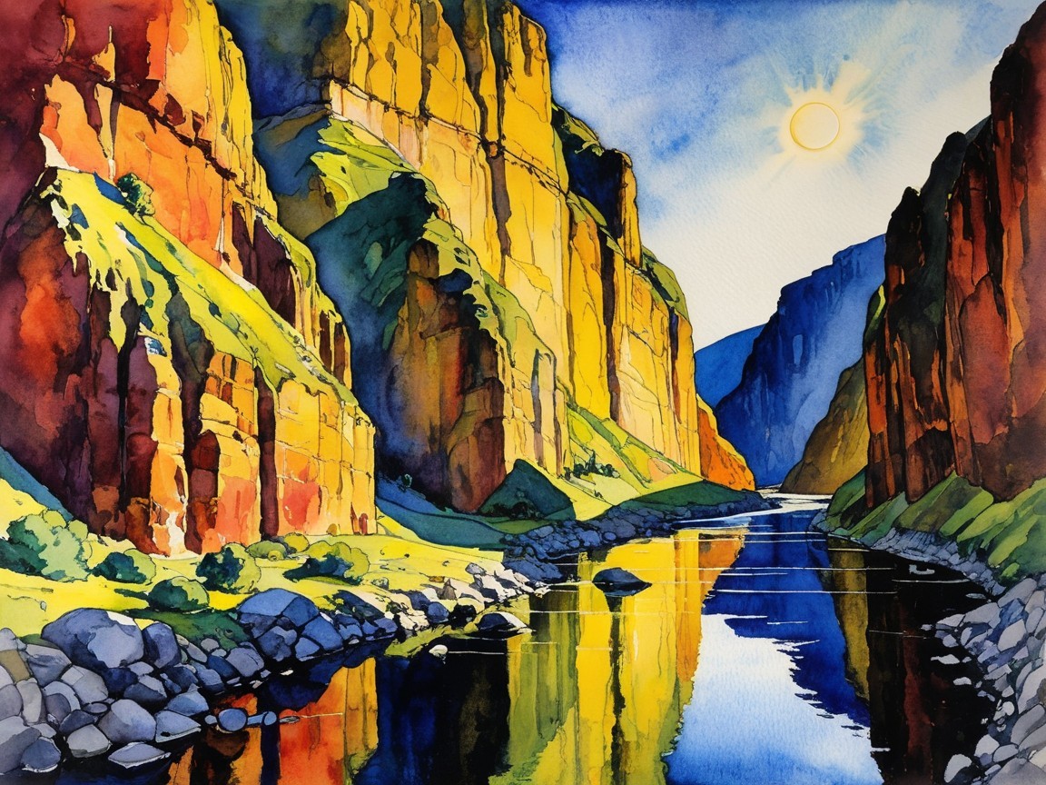 Watercolor of a River Winding Through a Canyon