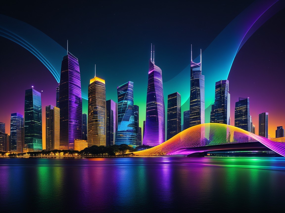 Futuristic cityscape with neon skyscrapers at night