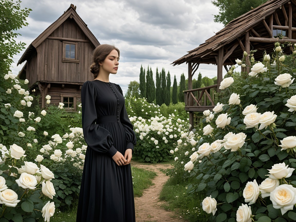 Young Woman in Black Gown in Blooming Rose Garden
