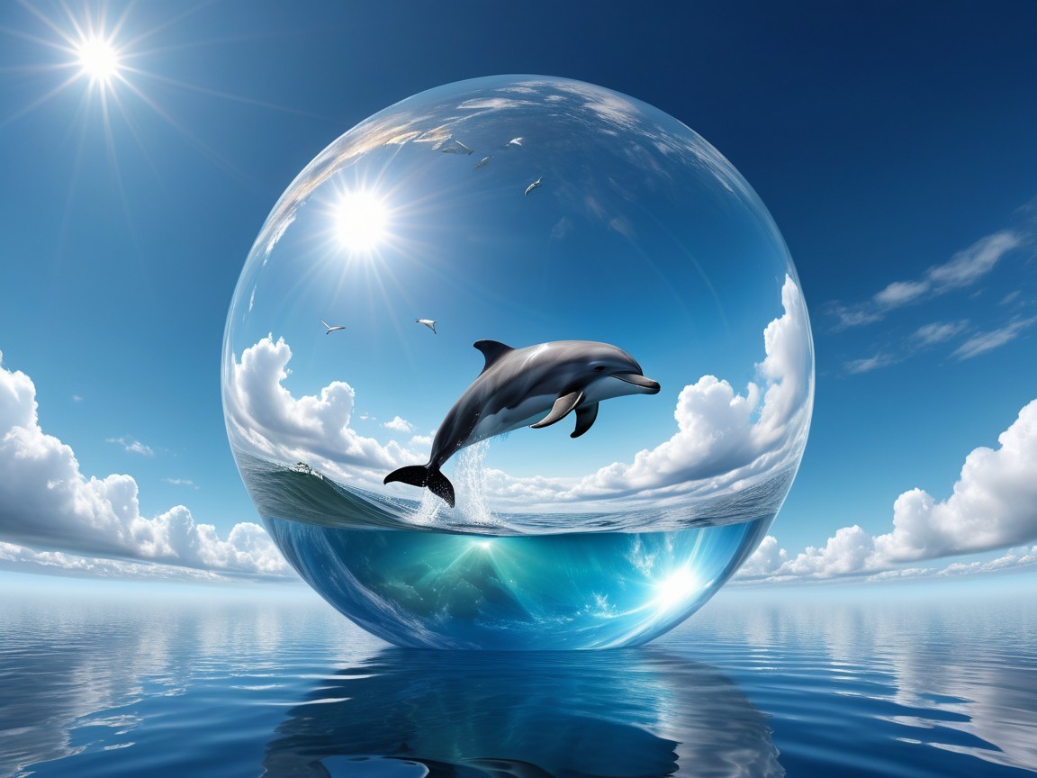 Dolphin Leaping Through Bubble in Serene Ocean Scene