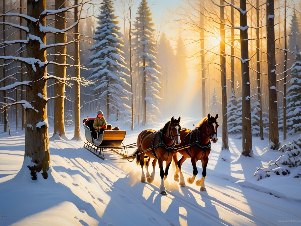 Winter Scene with Horse-Drawn Sleigh in Snowy Forest