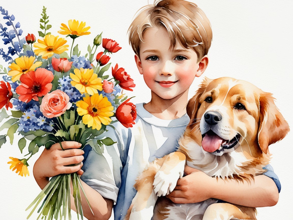 Cheerful boy with flowers and golden retriever in hand