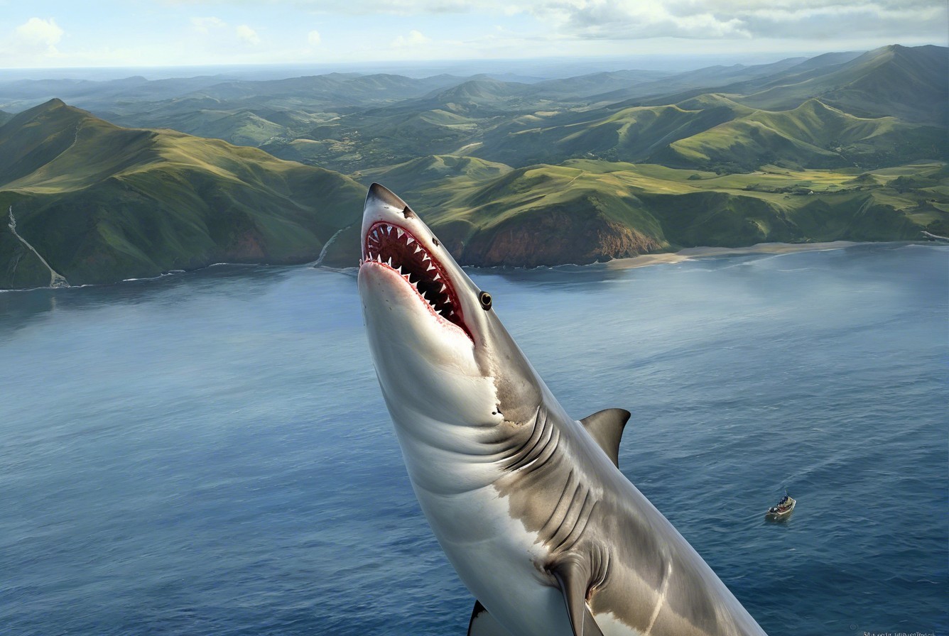 Great white shark leaping from blue ocean with landscape
