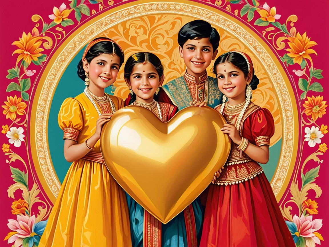 Children in Traditional Indian Attire with Golden Heart