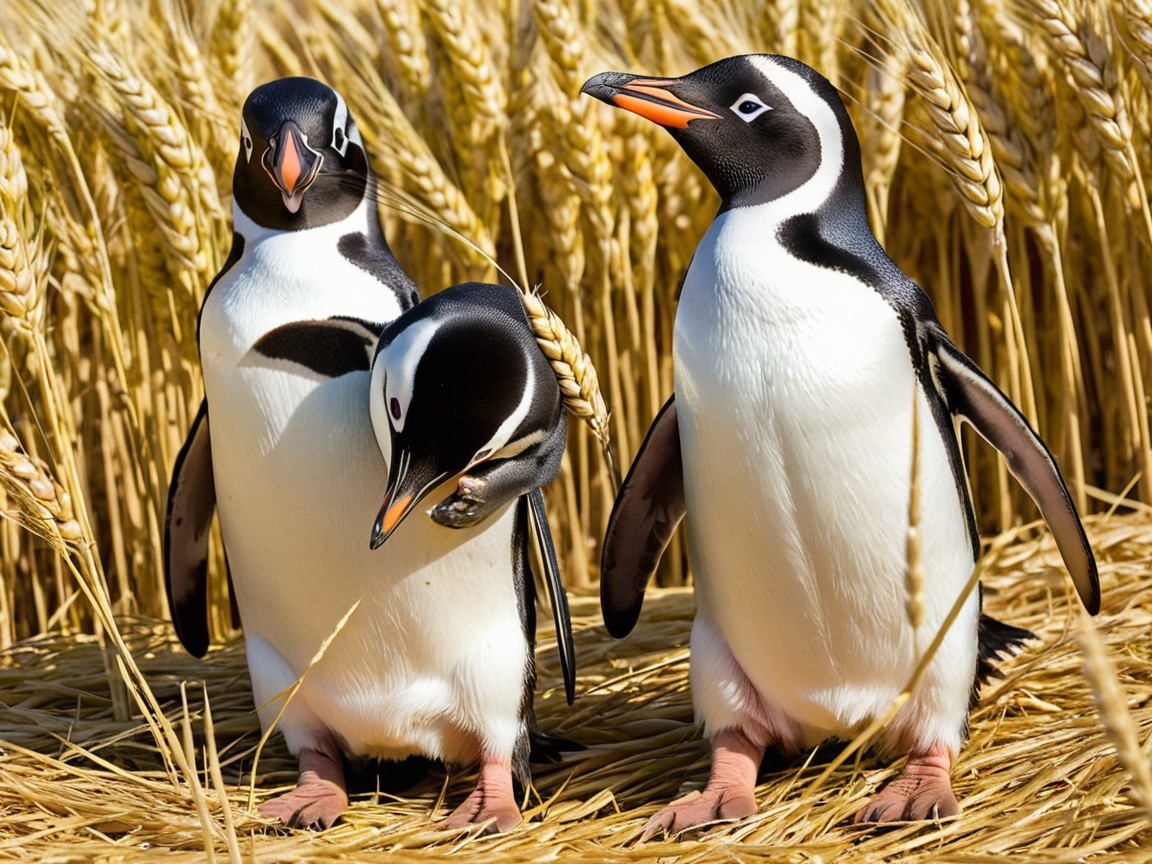 Penguins in Golden Wheat Field Under Sunny Skies