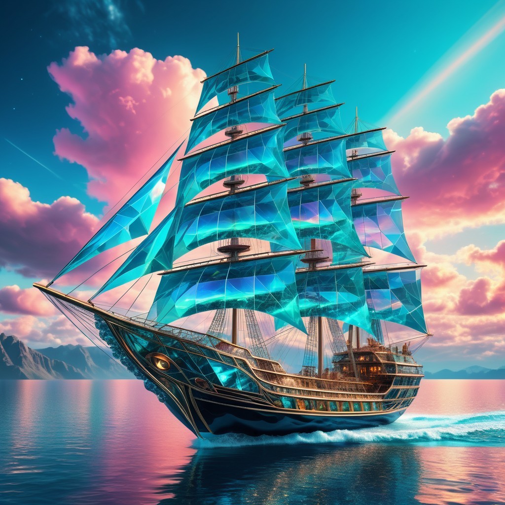 Majestic ship with blue sails on a sunset sea