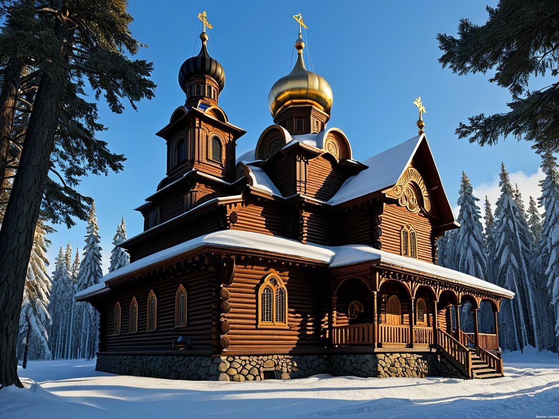 Wooden church in snowy landscape with evergreen trees