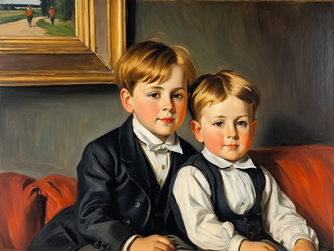 Portrait of Two Boys in Vintage Attire on Couch