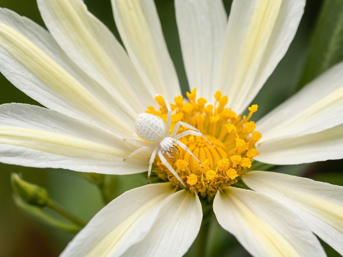 Macro Photograph of White Crab Spider on Daisy Flower